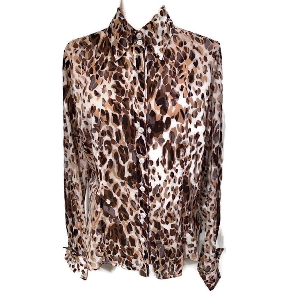 WORTH TOP BLOUSE WHITE TAN BROWN GRAY ANIMAL PRINT LONG SLEEVE Size M